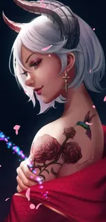 Fantasy character with white hair and tattoos surrounded by petals.