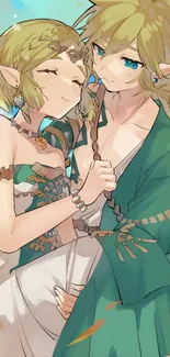 Anime-style couple in a fantasy-themed artwork with a green background.