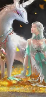 Fantasy art of a mystical deer with a lady in an autumn setting.