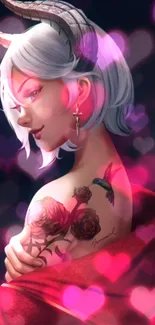 Fantasy art of demon girl with tattoo and pink heart bokeh.