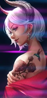 Fantasy demoness with tattoos and vibrant colors on mobile wallpaper.