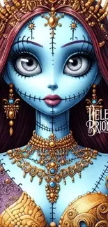 Fantasy art wallpaper featuring a doll-like figure with blue skin and ornate jewelry.