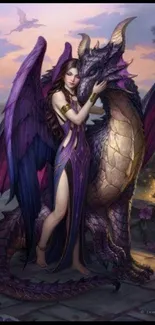 Fantasy art with a majestic dragon and a woman in a mystical setting.