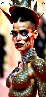 Fantasy futuristic portrait with sparkling elements and vibrant abstract design.