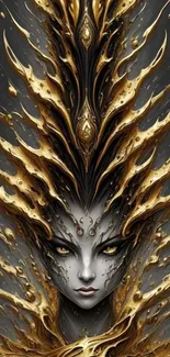 Intricate fantasy art with gold mask and dark background for mobile wallpaper.