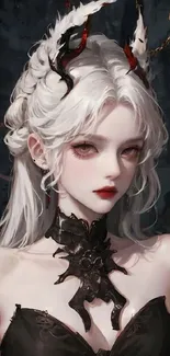 Ethereal character with white hair and distinctive horns in a gothic fantasy art style.