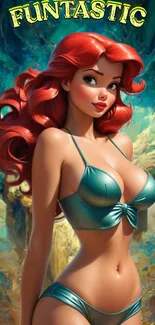 A vibrant mermaid in teal bikini amidst a fantasy landscape poster.