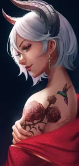 Fantasy art wallpaper with mystical character, floral tattoo, hummingbird.