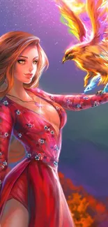 Fantasy art with phoenix and woman in red dress.