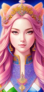 Fantasy princess with pink hair and ornate crown.