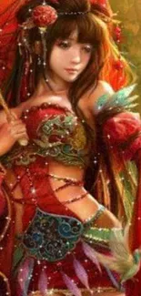 Artistic fantasy lady in red attire with mystical details.