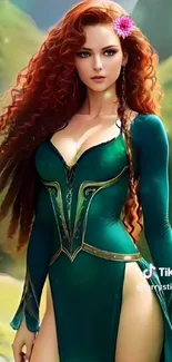 Fantasy art redhead warrior in emerald gown.