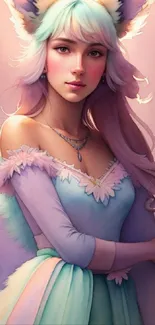 Fantasy art wallpaper with pastel colors and ethereal character design.