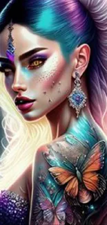 Fantasy portrait with vibrant colors and butterfly tattoos on mobile wallpaper.