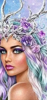 Mystical woman with floral antler crown in fantasy forest landscape.