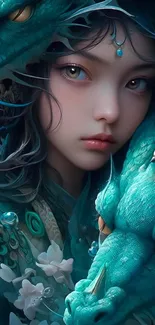 Fantasy art of girl with dragon in teal hues.