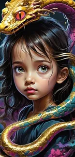 Girl with golden dragon in fantasy art illustration.