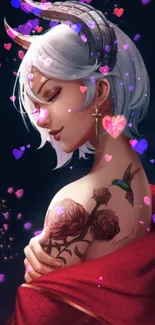 Fantasy character with hearts and flowers on dark red background.