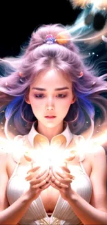 Fantasy art of a woman holding glowing light with ethereal elements.