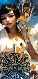 Fantasy wallpaper of a woman with coins and a serpent.