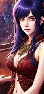 Fantasy artwork of a woman with purple hair in a mystical setting.