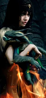 Fantasy woman holding a dragon creature in a dark, intricate setting.