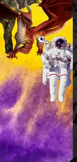 Astronaut and dragon on vibrant yellow and purple background.