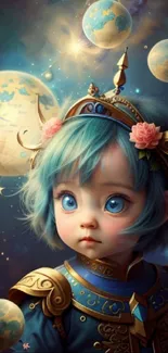 Fantasy wallpaper of a child astronaut in a cosmic setting with planets and stars.