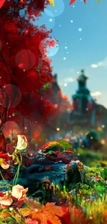 Fantasy autumn landscape with vibrant red and mystical flowers.