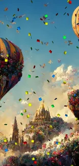 Colorful hot air balloons over a fantasy castle scene.