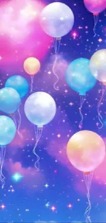 Colorful balloons floating in a starry sky with vibrant blue hues.