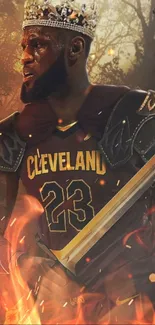 Fantasy art of basketball player as a king, with flames and regal armor.