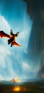 Flying bat in a mystical cave with stunning light effects.