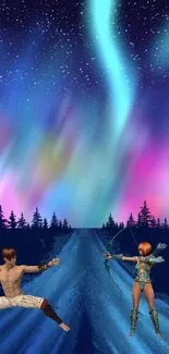 Fantasy warriors ready for battle under a vibrant aurora night sky.