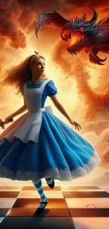 Heroine facing a dragon in a vibrant fantasy scene.