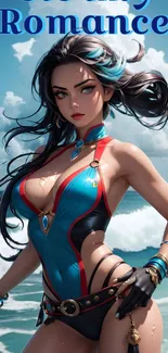 Anime-style character on a fantasy beach with ocean waves and sky backdrop.