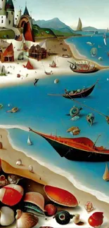 Fantasy art with boats, shells, and a castle by the beach.