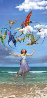 Woman dancing on beach with colorful flying creatures under a blue sky.