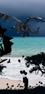 Fantasy beach scene with dragon and shadows under stormy skies.