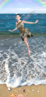 Fairy dancing on a beach with rainbow overhead.