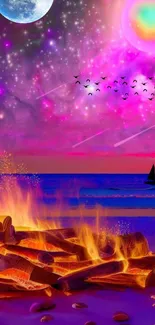 Colorful fantasy beach with fire and night sky.