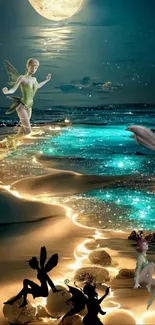 Fantasy beach with fairies and glowing path under moonlit sky.