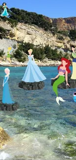 Animated princesses with ocean and island backdrop