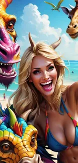 Woman taking selfie with fantasy creatures on a beach.