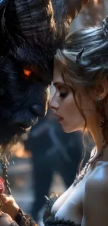 Fantasy creature and woman in a mystical setting.