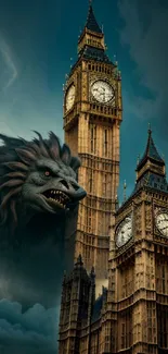 Fantasy artwork with a beast near Big Ben in a dark sky.