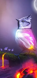 Fantasy bird and glowing lava under moonlit sky.