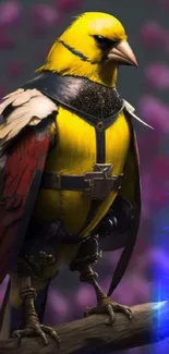 Fantasy bird in armor with vibrant colors on a blurred background.