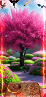 Vibrant pink cherry blossom tree in a magical fantasy landscape.