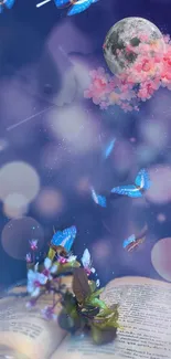 Fantasy wallpaper with moon, blossoms, and butterflies on a night sky background.